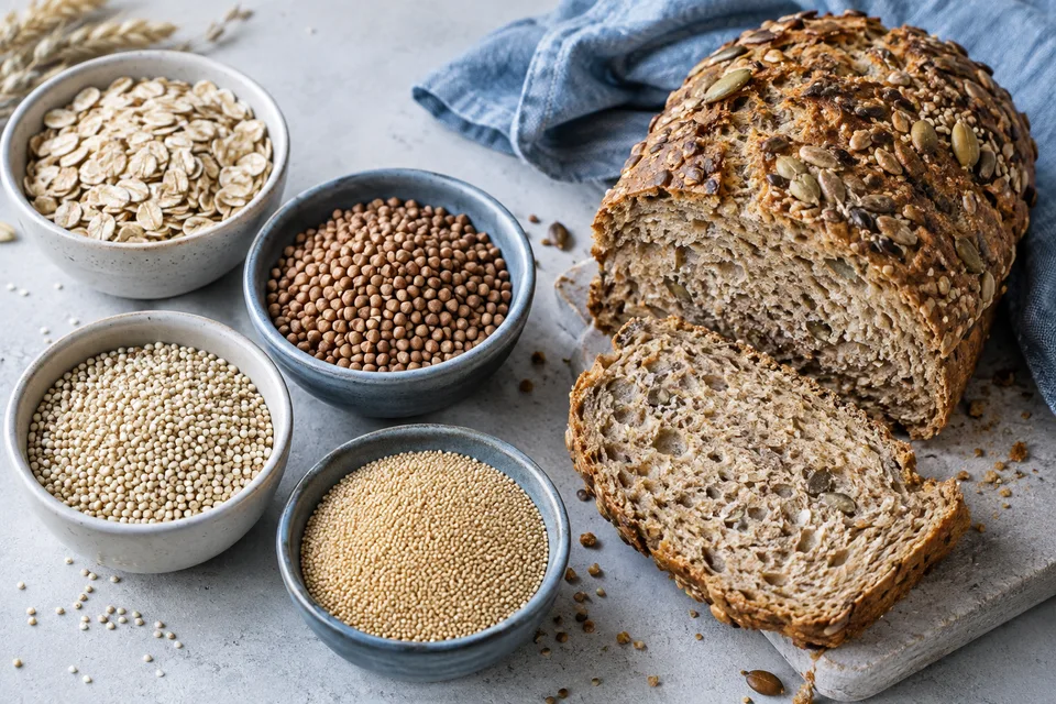 Avena, trigo sarraceno, quinoa y amaranto junto a un pan de semillas
