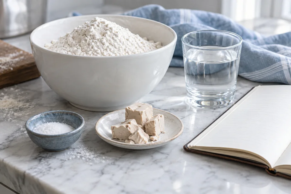 Harina, agua, sal y levadura junto a un cuaderno de formulación