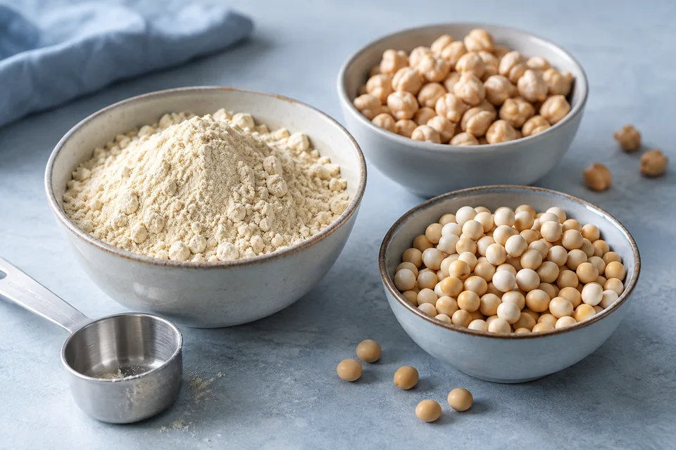 Muestras de proteína vegetal, garbanzos y soja para panificación
