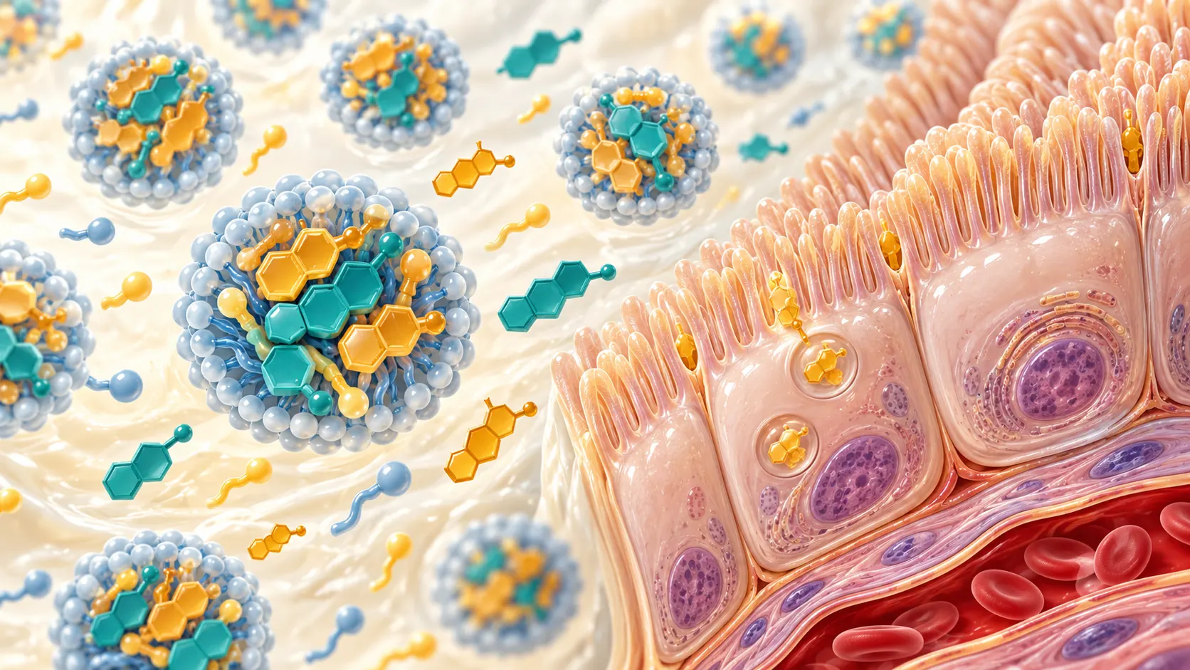 Representación conceptual de micelas, esteroles vegetales y colesterol junto a la pared del intestino delgado