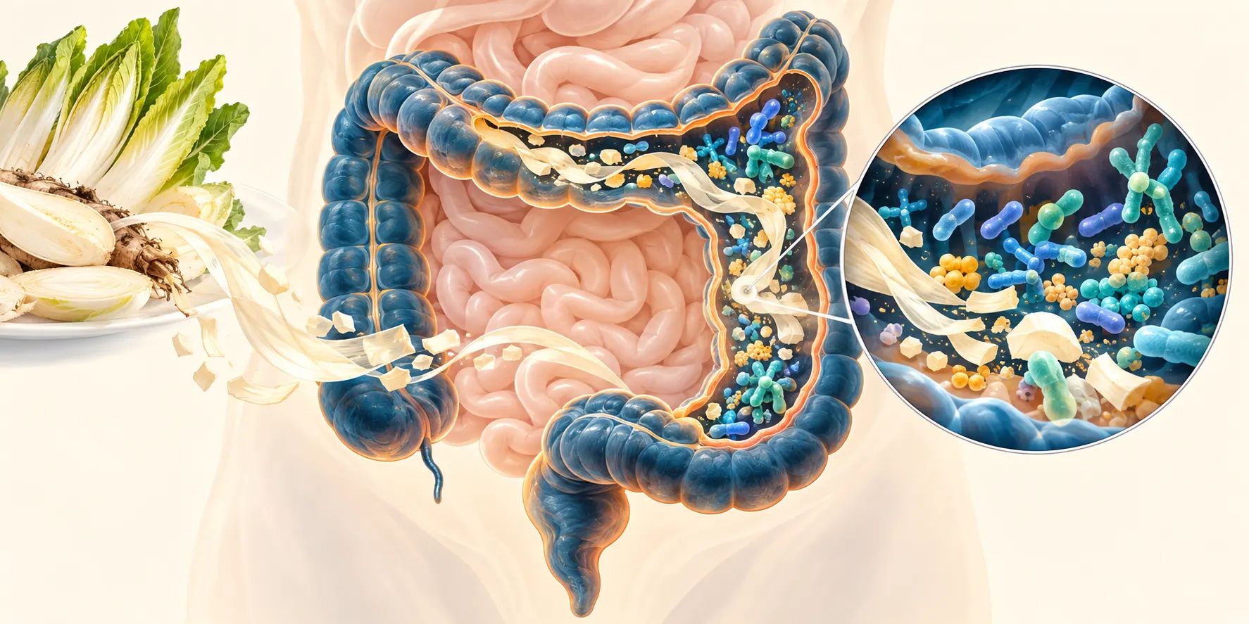 Representación de la relación entre fibra prebiótica y microbiota