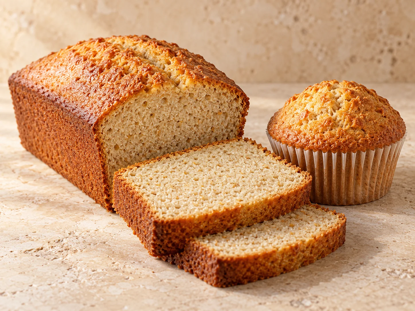 Bizcocho con harinas integrales, dos rebanadas y un muffin: propuesta de aplicación de Protein Repostería + Fibra